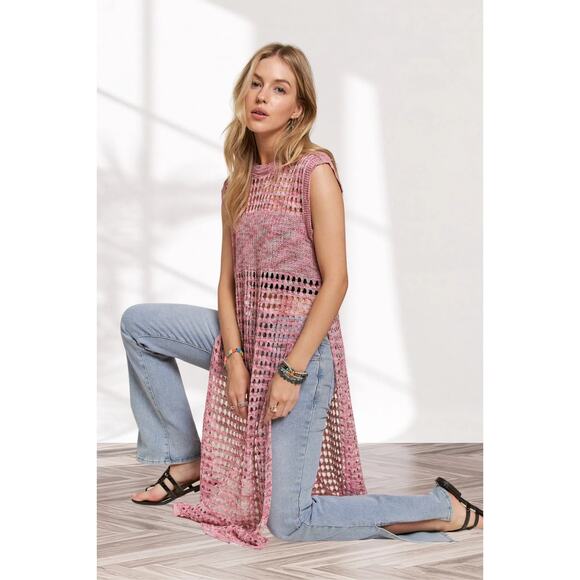 ADORA Multi Color Sleeveless Round Neck Side Slit Crochet Tunic Top | Pink - Picture 5 of 6
